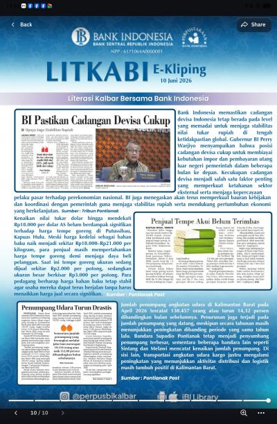 LITKABI (Literasi Kalbar Bersama BI) E-Kliping: 10 Juni 2026