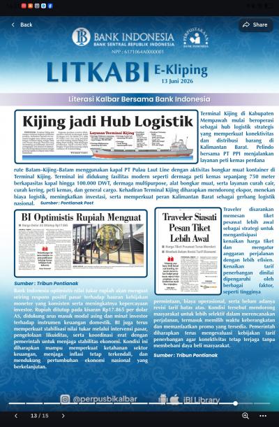 LITKABI (Literasi Kalbar bersama BI) E-Kliping: 13 Juni 2026