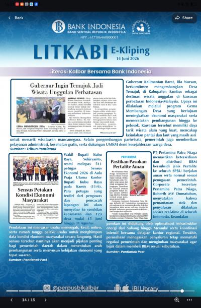 LITKABI (Literasi Kalbar bersama BI) E-Kliping: 14 Juni 2026
