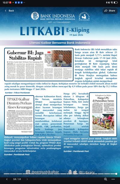 LITKABI (Literasi Kalbar Bersama BI) E-Kliping: 19 Juni 2026 