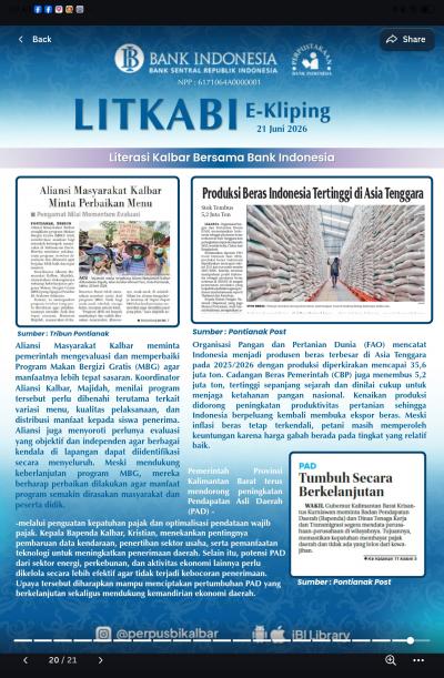 LITKABI (Literasi Kalbar Bersama BI) E-Kliping: 21 Juni 2026