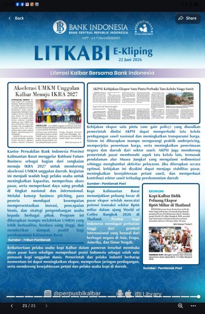 LITKABI (Literasi Kalbar Bersama BI) E-Kliping: 22 Juni 2026