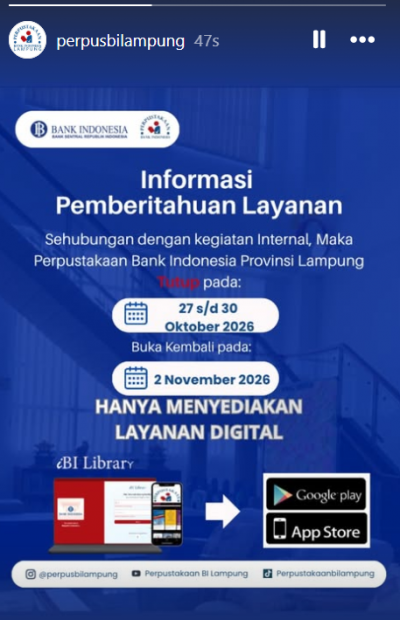 Update story instagram jam buka layanan perpustakaan 29 oktober 2026